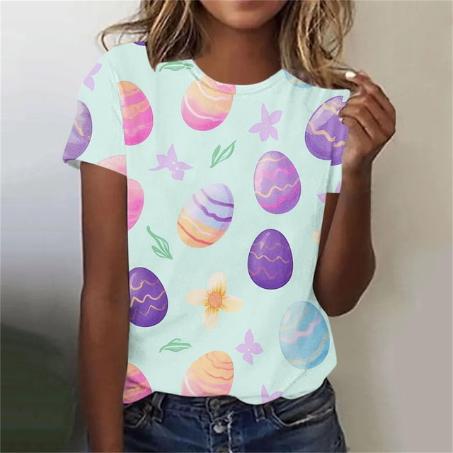 Warop T-Shirt Décontracté pour Femme à Enfiler avec Imprimé de Pâques, Col Rond et Manches Courtes pour Usage Quotidien et Occasions des Fêtes