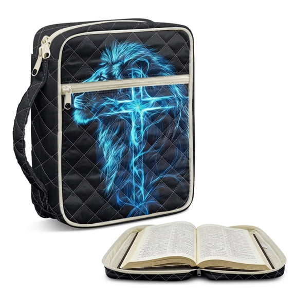 Xoenoiee Lion Cross Print Quilted Bible Cover for Women Men, Zippered Organizer Bag for Study Supplies Accessories Journals Church Carrying Book Carrying Case with Handle