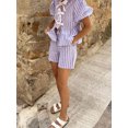thumbnail image 4 of Aojekbee Women Shorts Set, Striped Short Sleeve Tie-up Shirt with Elastic Waist Shorts Summer Outfit, 4 of 8