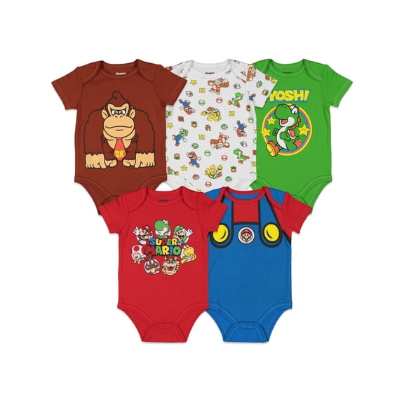 SUPER MARIO Nintendo Mario Luigi Bowser Newborn Baby Boys 5 Pack Bodysuits Newborn to Infant