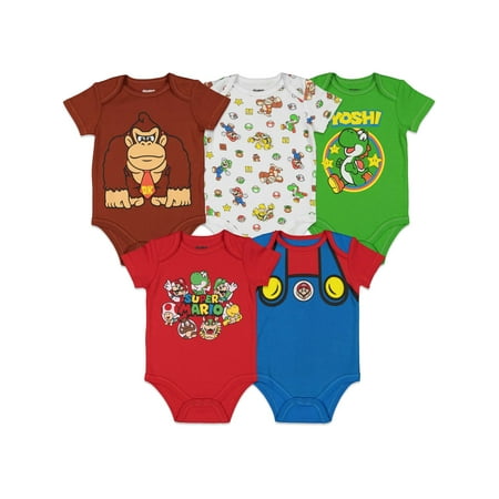 

SUPER MARIO Nintendo Mario Yoshi Donkey Kong Browser Lugi Toad Infant Baby Boys 5 Pack Short Sleeve Bodysuits Multicolored 3-6 Months