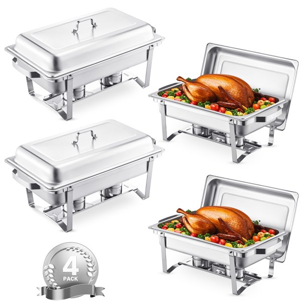 VEVOR Juego de buffet de 4 platos de calentamiento rectangulares de 8 cuartos de galón, sarten de tamaño completo de acero inoxidable