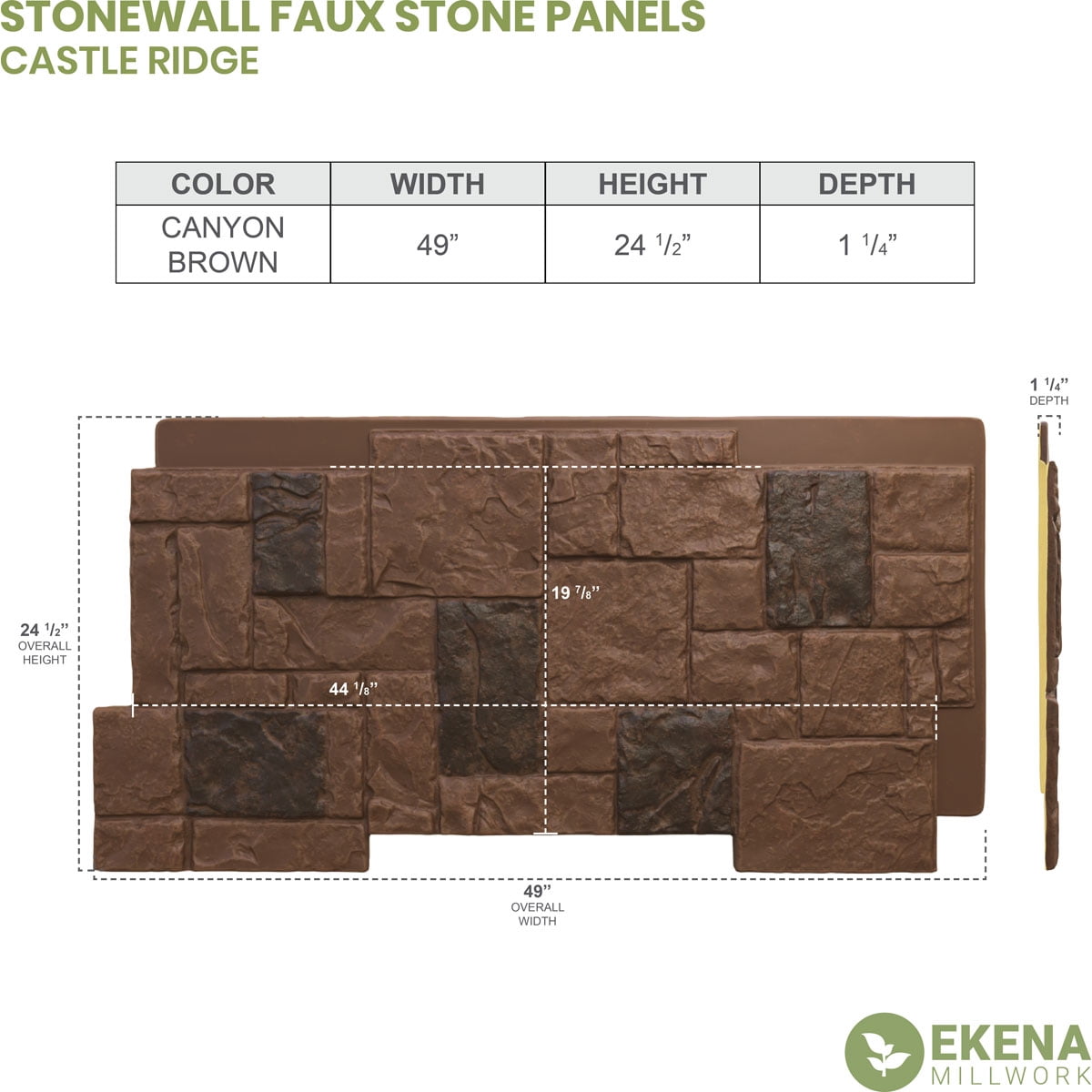 Ekena Millwork 49"W x 24.50"H x 1.25"D Castle Rock Stacked Stone, StoneWall Faux Stone Siding Panel, Canyon Brown