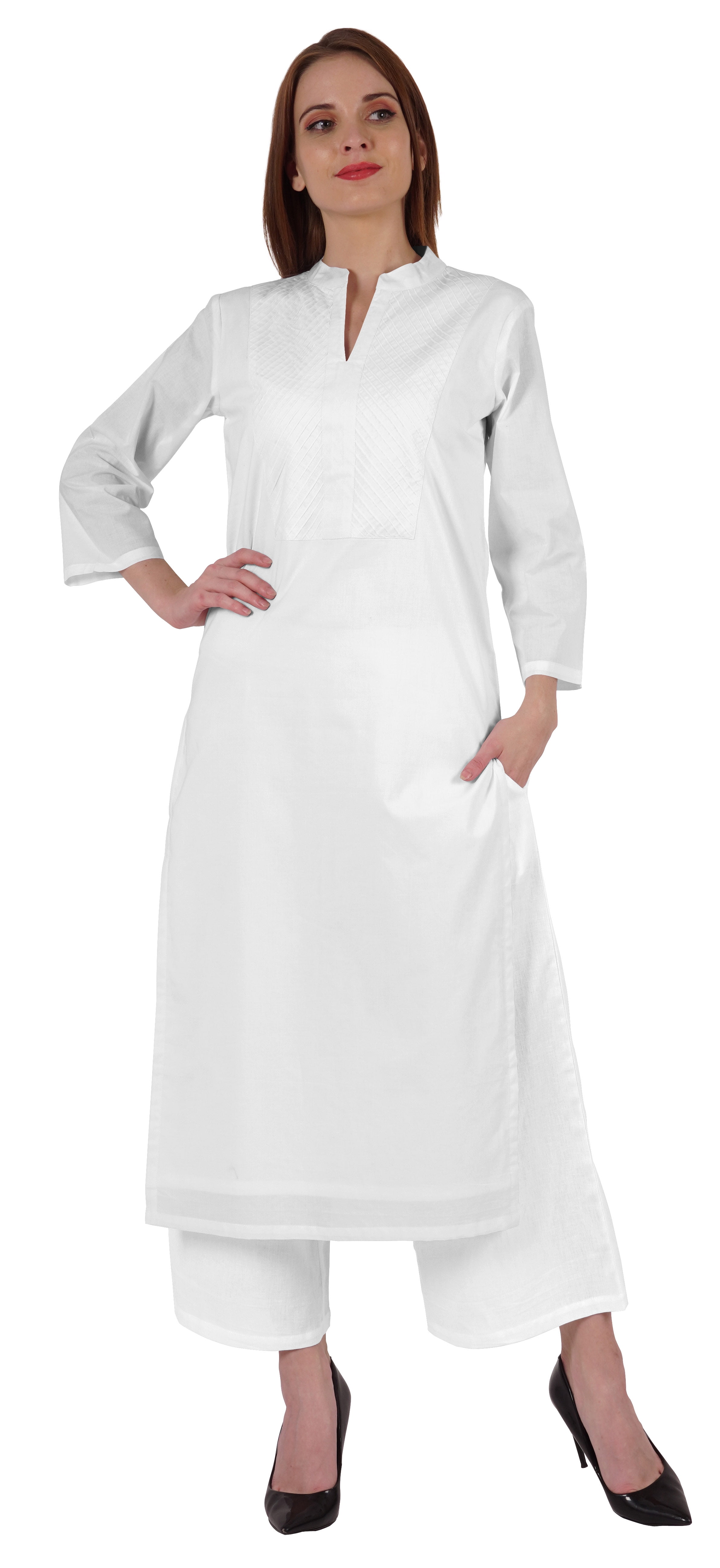 Bimba Kurta Droite Unie Ethnique Indienne pour Femmes à Col Mandarin avec Encolure Plissée en Coton