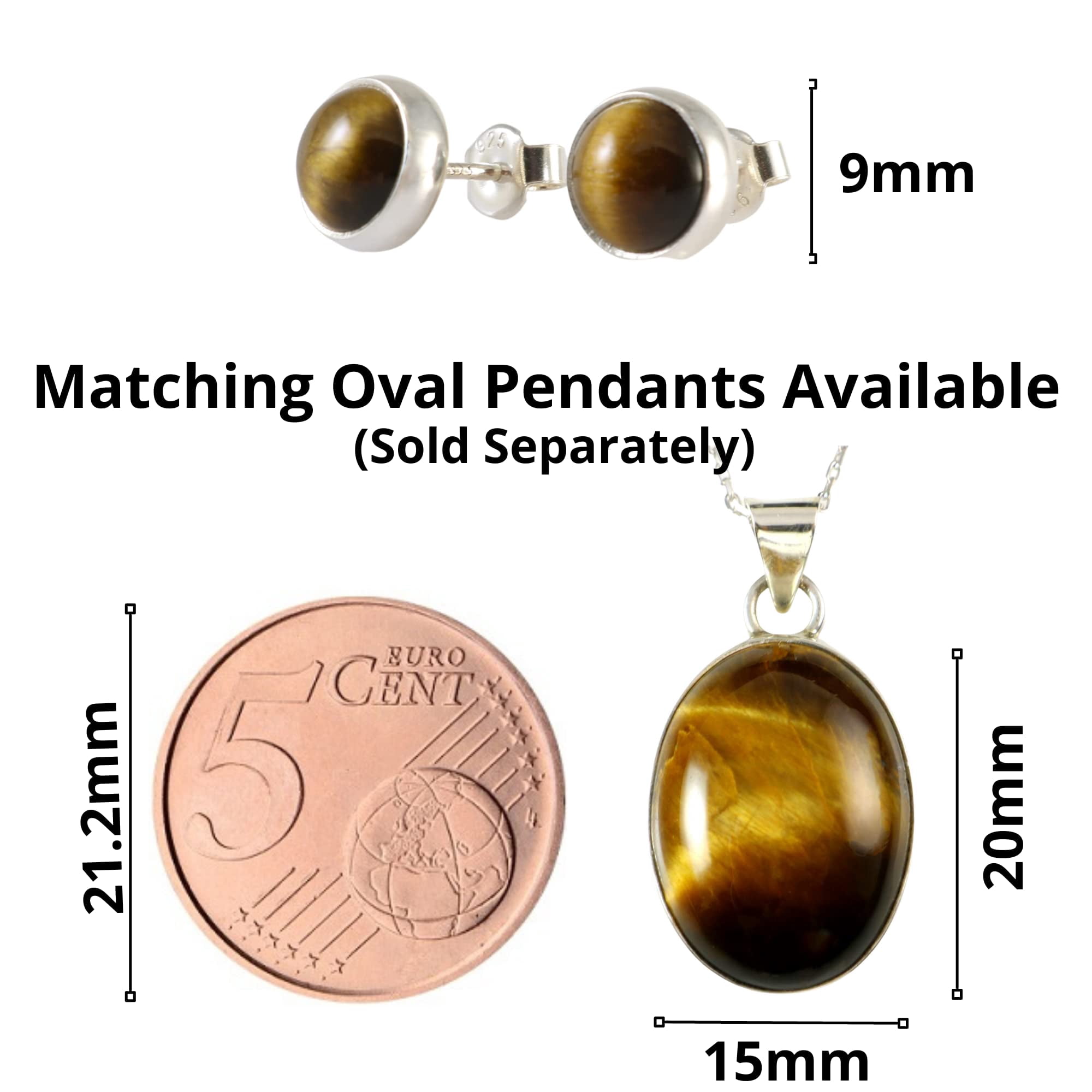 Echmeck Sterling Silver 925 Round Natural Brown Tiger Eye 9mm Handmade Stud Earrings for Women and Men