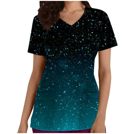 

OGLCCG Women s Tie Dye Scrub Tops Classic Fit V-Neck Short Sleeve Medical Nursing Uniform 2 Pockets Four-Way Stretch Scrubs Workwear