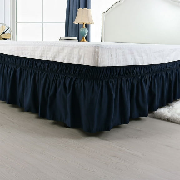 PiccoCasa 15" Drop Bed Skirt Dust Ruffle Wrap, Queen Navy Blue