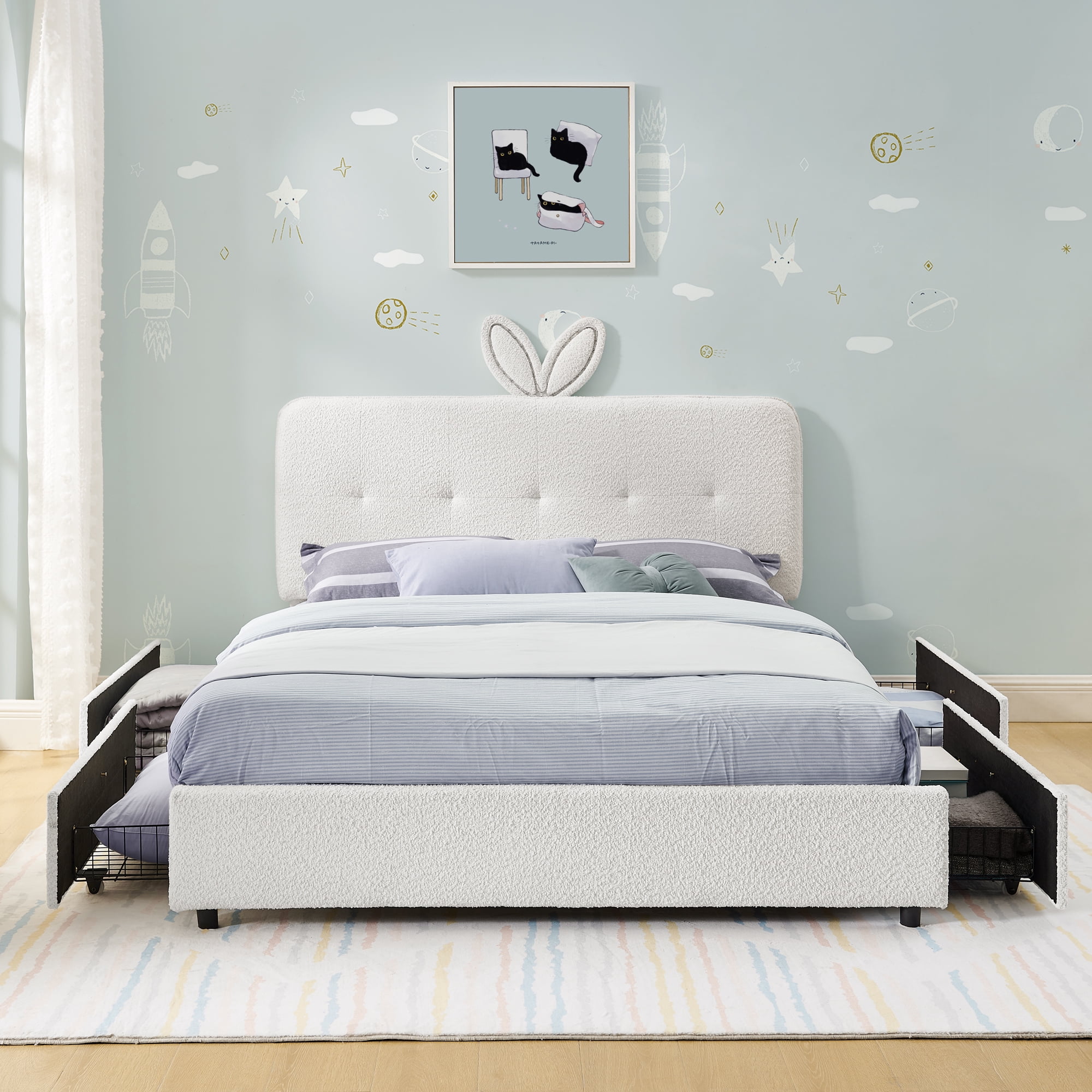 Mintazer Full Upholstered Kids Bed with Oversized Rabbit Ear Headboard, Boucle Fabric Platform Bed with LED Headboard & 4 Storage Drawers, Beige