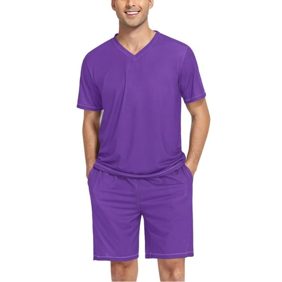 joogoo Men's Pajama Set Dark Purple V-Neck Pj Shorts Set 2 Piece Loungewear Sleepwear L