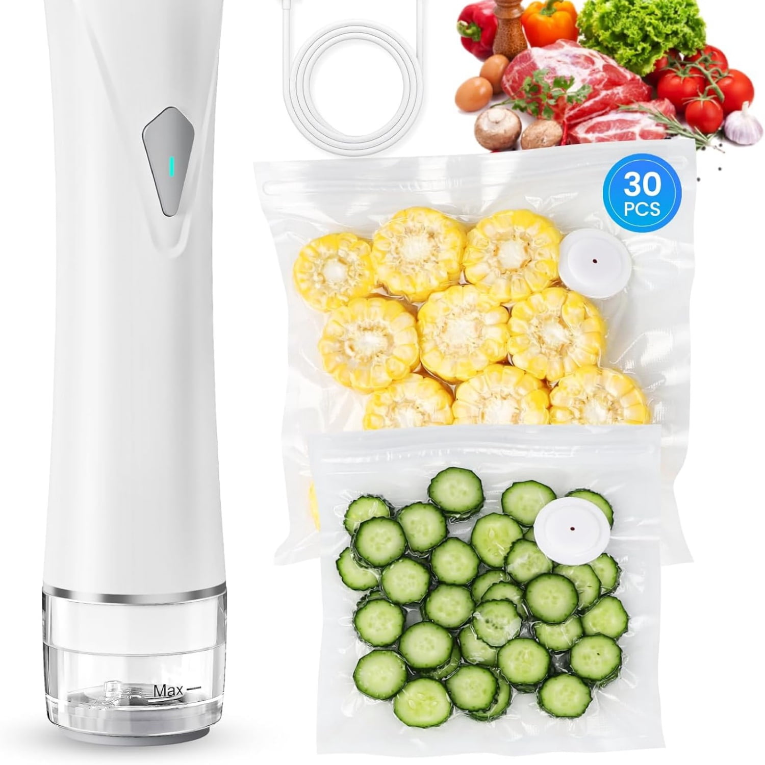 Vacuum Sealer for Food with Visible Tank, Handheld Vacuum Sealer Machine with 30 Bags for 5X Longer Freshness, Wireless & Portable, White