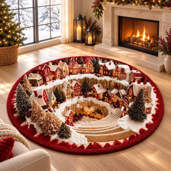 3D Christmas Round Rug, Santa Optical Illusion Mat for Home Decor, Soft Fabric Holiday Area Carpet with Non-Slip Backing for Living Room, Bedroom and Indoor Parties