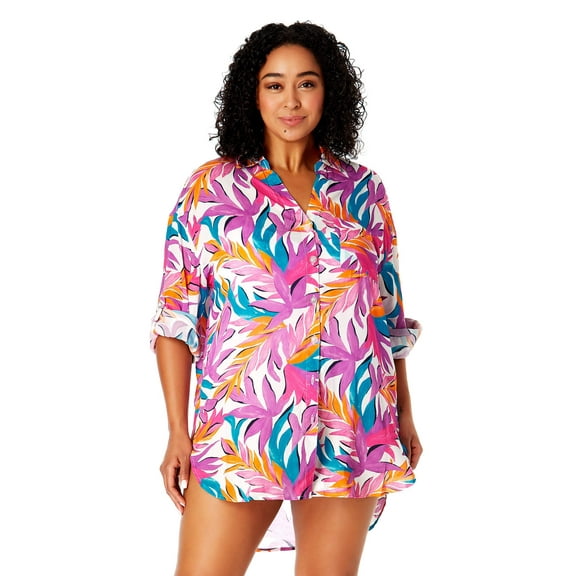 Women's Plus Size Dance Floor Palm Button Down Shirt Swimsuit Cover Up