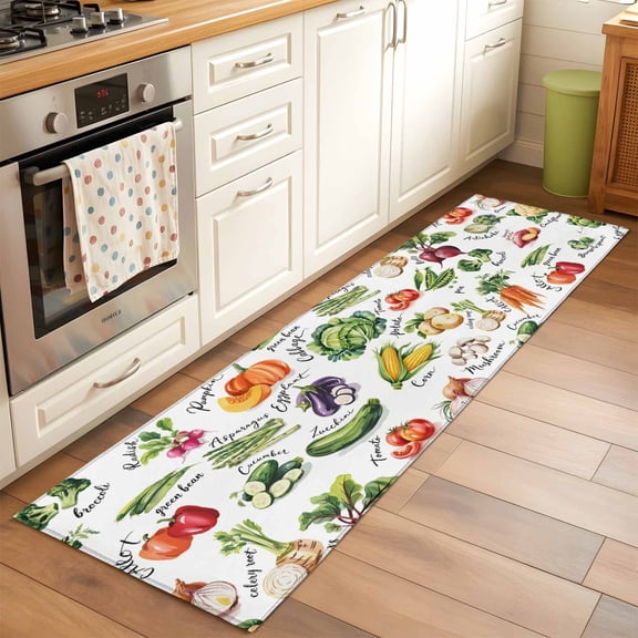 2'x6' Rug Runners for Hallways Kitchen, Vegetables Non Slip Entryway Beside Floor Carpet Runner, Watercolor Farmhouse Fruits Washable Laundry Room Bedroom Throw Rugs Mat for Family Pet