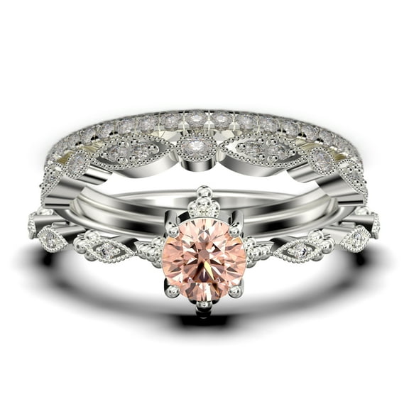 Antique Dazzling Boho & hippie 2.25 Carat Round Cut Morganite And Diamond Moissanite Unique Engagement Ring, Wedding Ring in10k Solid White Gold, Affordable Gift For Woman, Trio Set, Matching Band