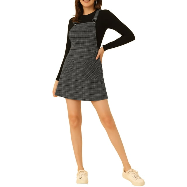 INSPIRE CHIC Robe Salopette à Carreaux pour Femme à Bretelles Ajustables L Noir Gris