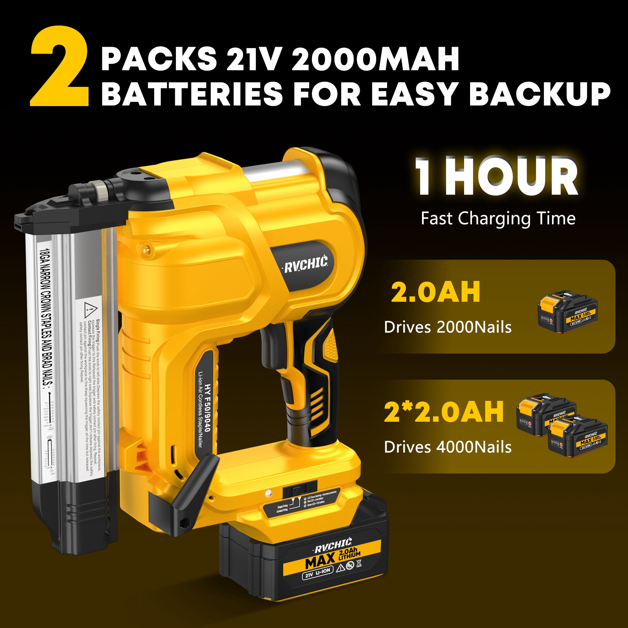 Rvchic 18GA Cordless Brad Nailer, 2-in-1 Electric Combo Kit with 2 Batteries, 1000 Nails/Staples for Upholstery, Carpentry, and Woodworking,Yellow