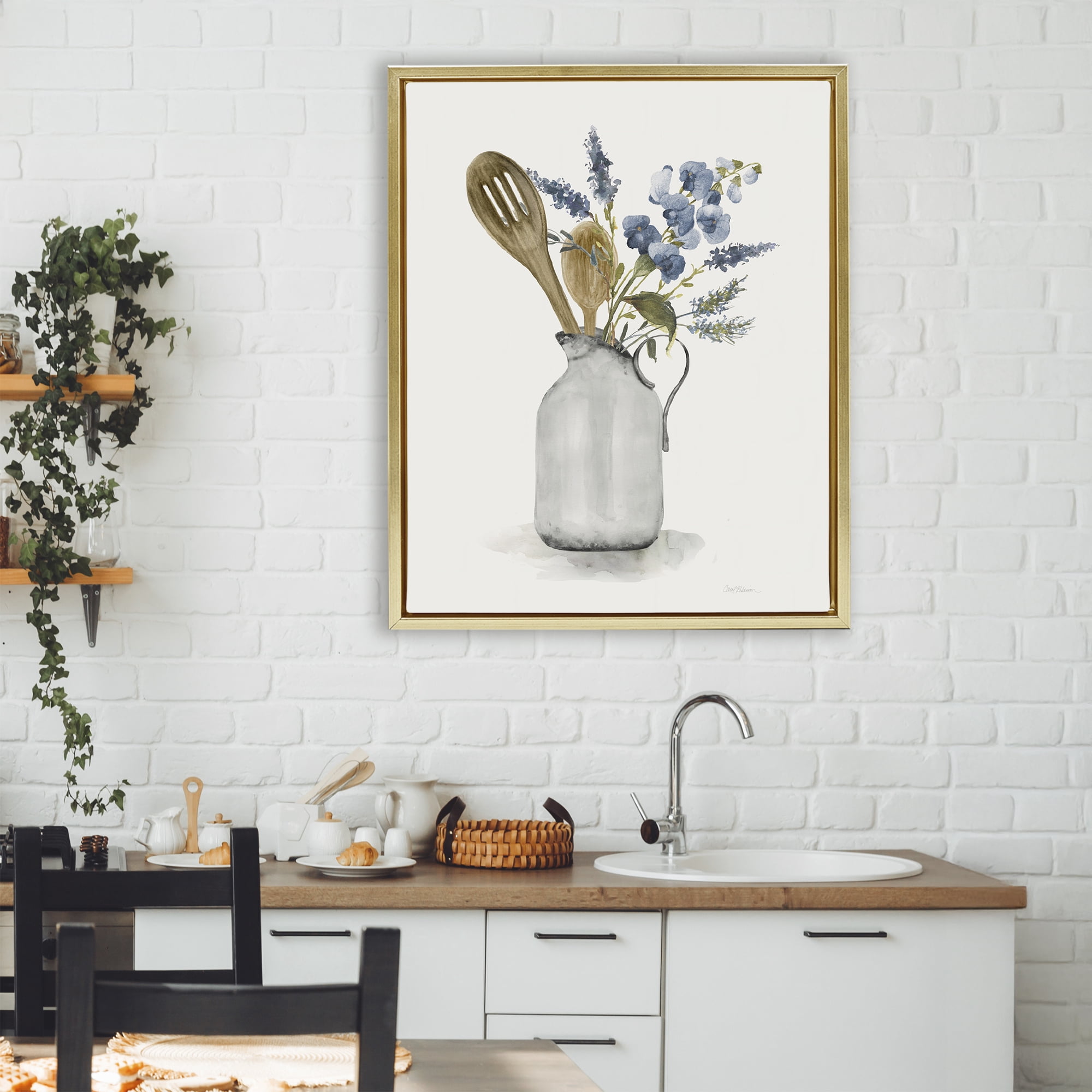 Stupell Industries Vintage Pitcher with Utensils Gold Framed Floater Canvas Wall Art, design by Carol Robinson