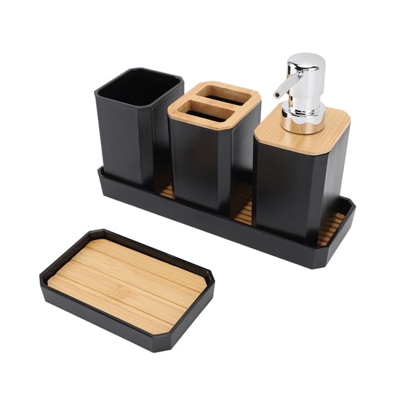 BIMZUC 5-Piece Bathroom Accessories Set Bamboo and Plastic Bath Ensemble with Soap Dispenser, Toothbrush Holder, Tray, Black