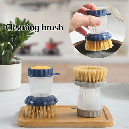 

harmtty Pot Brush Ergonomic Press-on Type Anti-leak Non-stick Decontamination Sisal Pot Brush with Liquid Pot Brush Kitchen Gadget Blue
