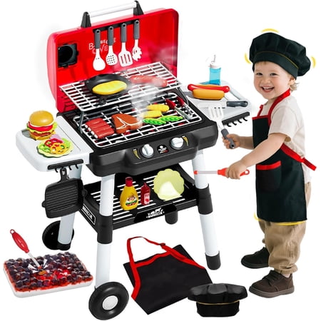 Kids Play Kitchen Toys Kids BBQ Grill Playset with Smoke Sound Light 2-Layer Barbecue Toy with Wheels Outdoor Play Food Toys Cooking Set for Toddlers 3-5 Birthday for Boys Girls