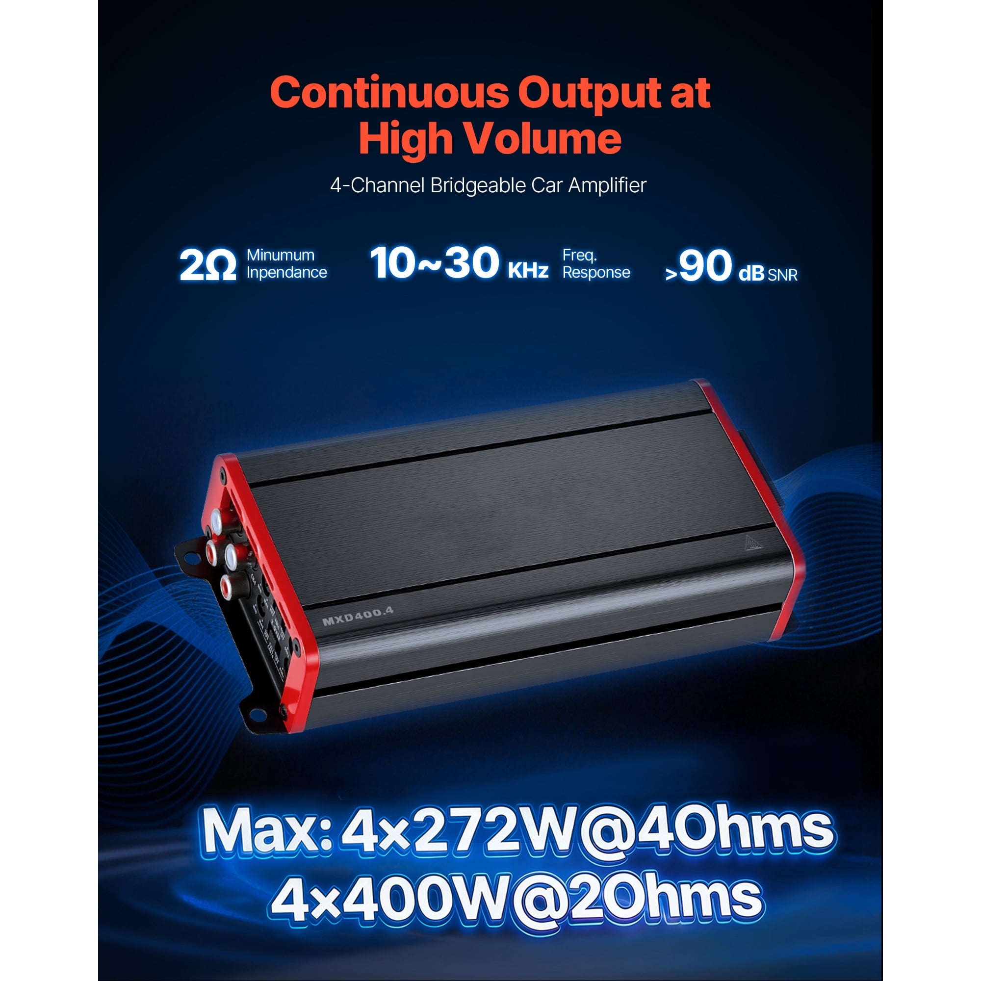 KFFKFF 4 Channel Car Audio Amplifier, 2 Ohm Stable, Bridgeable Class D Full Range Amp, Max Power 4 x 272W @ 4 Ohm / 4 x 400W @ 2 Ohm for Vehicles