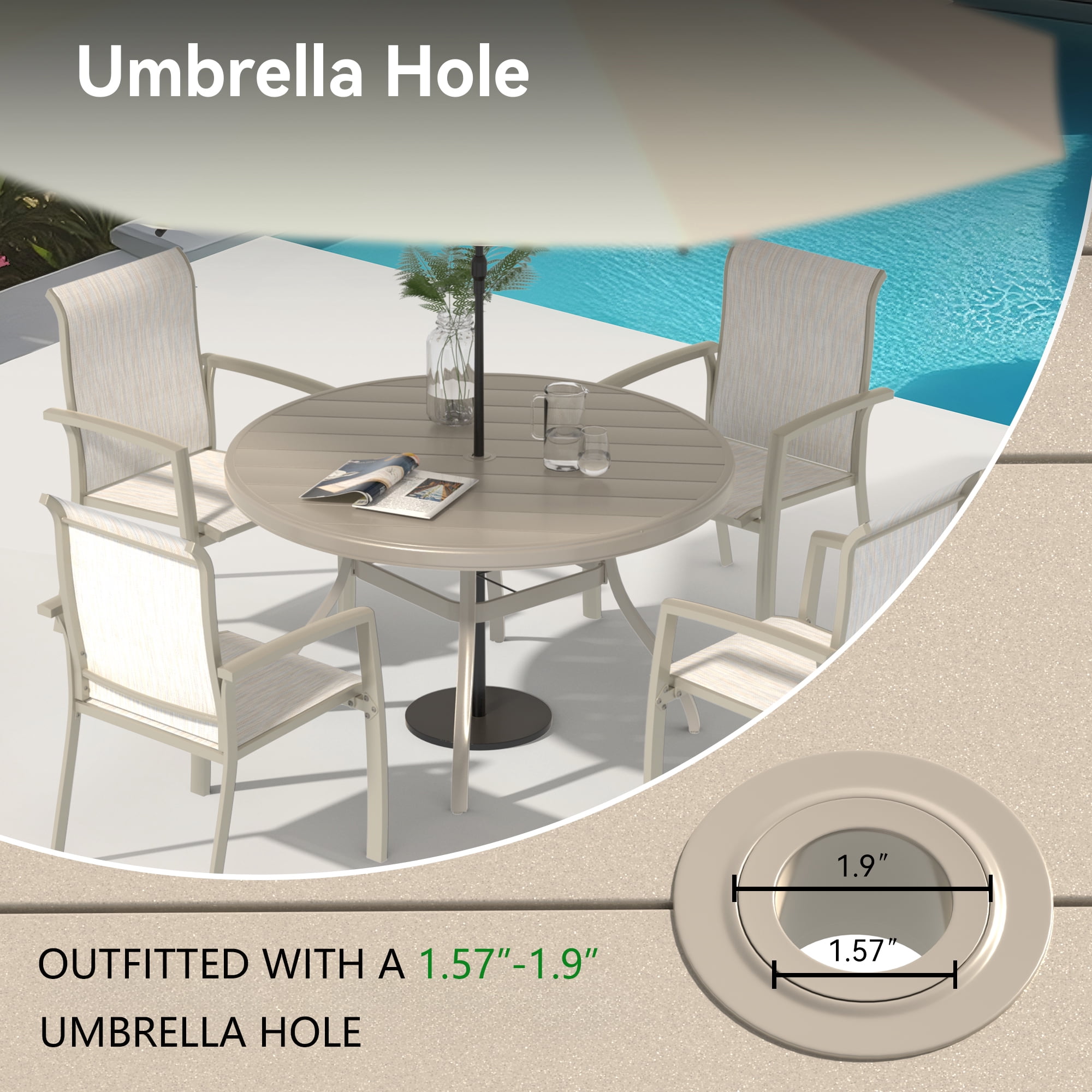Outdoor Round Patio Dining Table for 4-6, All Weather Metal Dining Table with Umbrella Hole for Deck Lawn Garden Backyard, Sandstone Color