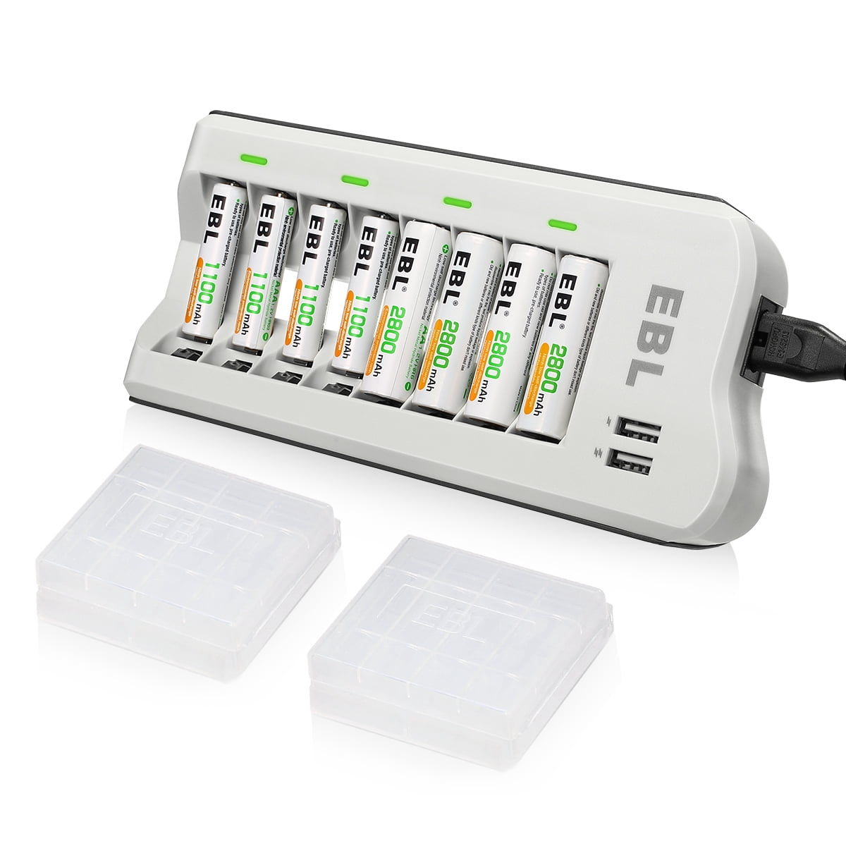 EBL 4x AA Rechargeable Batteries 2800mAh NiMh & 4x AAA Ni-MH Batteries 1100mAh & 8-Bay Battery Charger with 2 USB Port