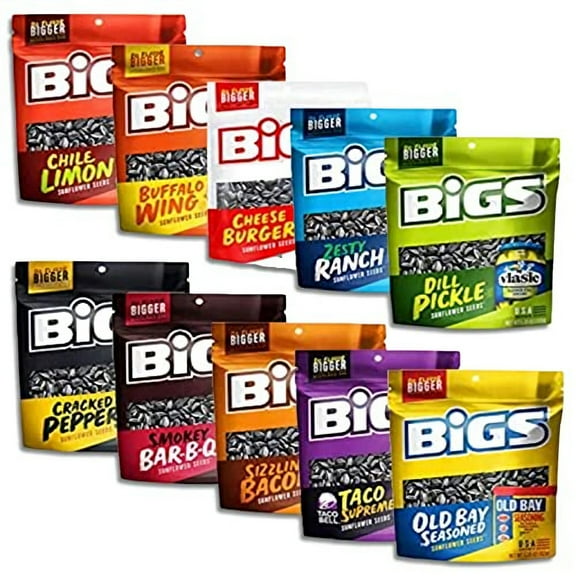 BIGS Sunflower Seeds 10 Flavor Variety Sampler Value Pack | May include Taco, Cheeseburger, Pickle, Old Bay, Pizza, Chili Lime, Bacon, BBQ, Ranch, Black Pepper