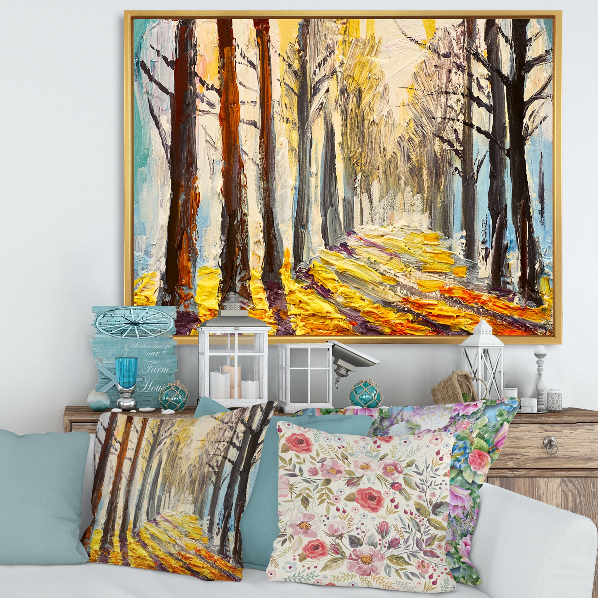 Designart 'Morning Glow Through The Autumn Trees' Lake House Framed Canvas Wall Art Print