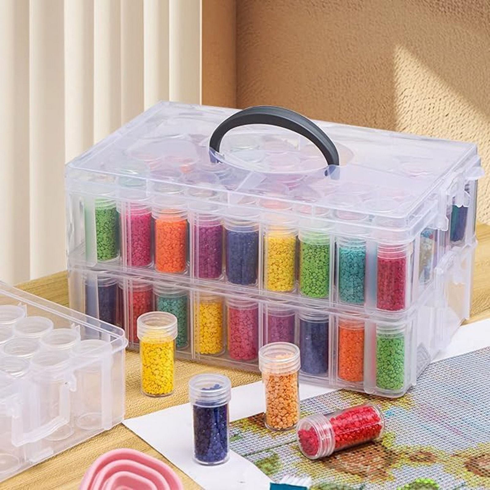 -Painting Storage Container, 3-Tier Stackable Bead Organizer with Carrying Handle, Craft Storage Box