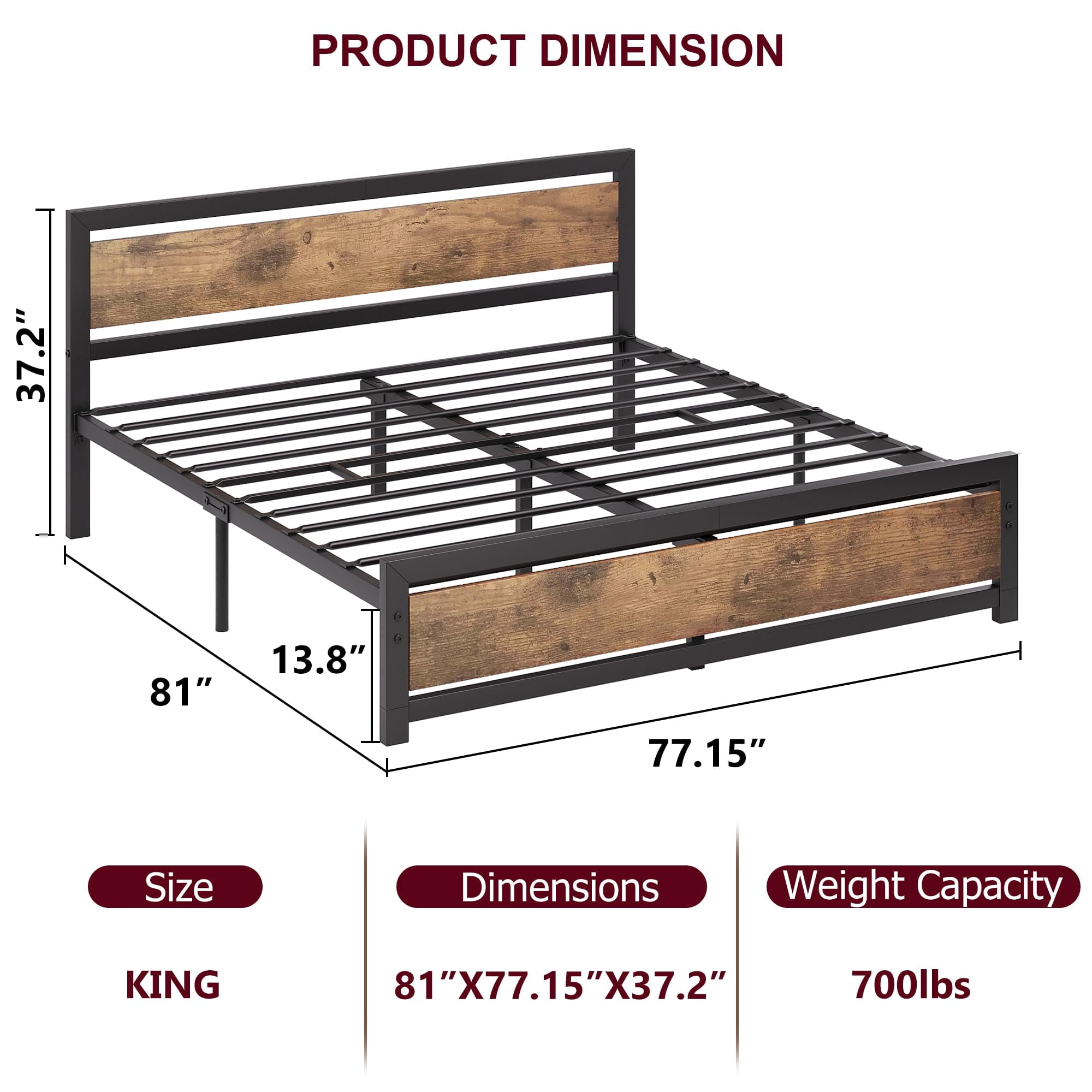 King Size Bed Frame with Wooden Headboard and Footboard, Metal King Bed Platform No Box Spring Needed, 14 inch Easy to Assemble Noise Free King Bed Frame, Rustic Brown