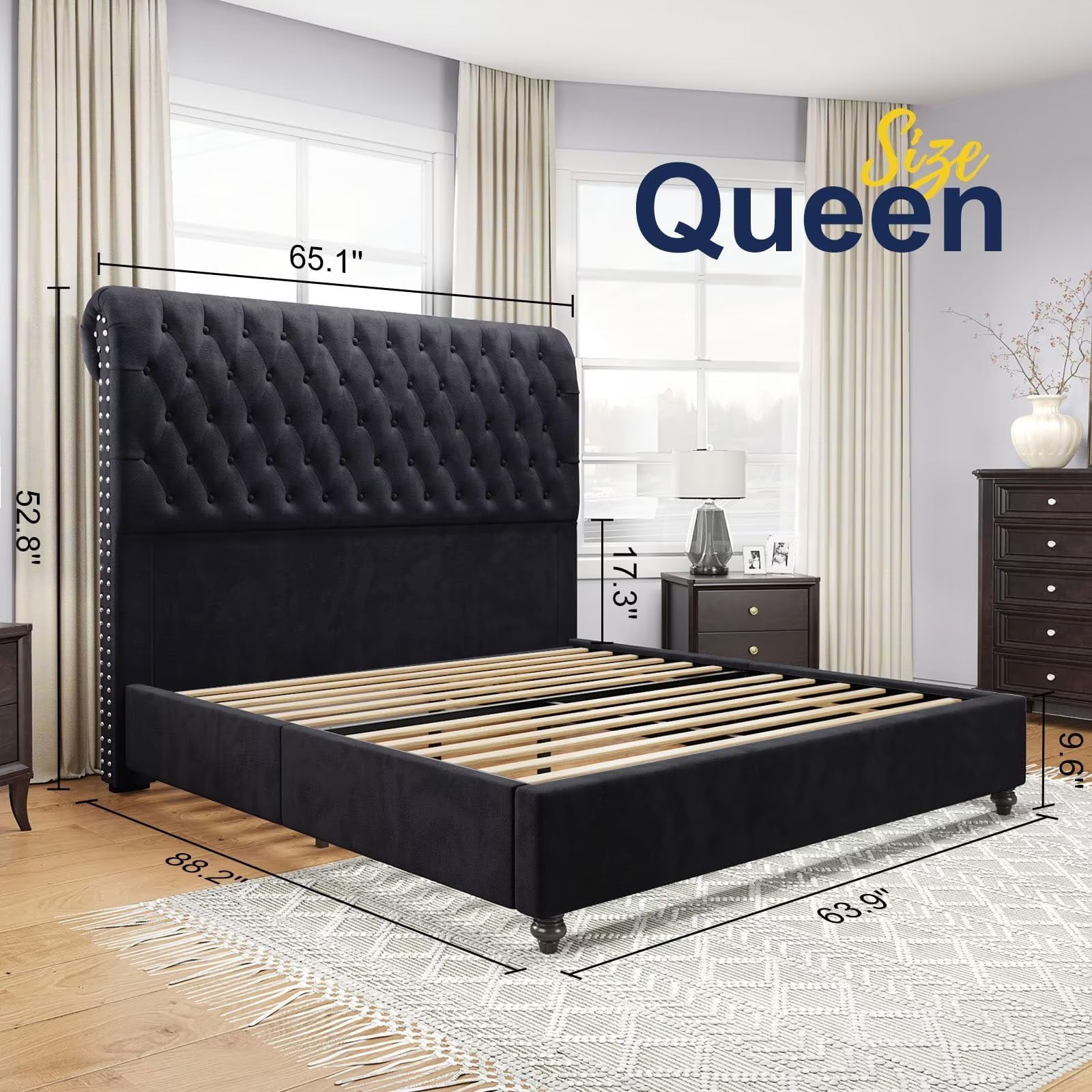 Merluxy Queen Platform Bed Frame with Velvet Upholstered,Button Tufted 52.8" Tall Sleigh Headboard,Black