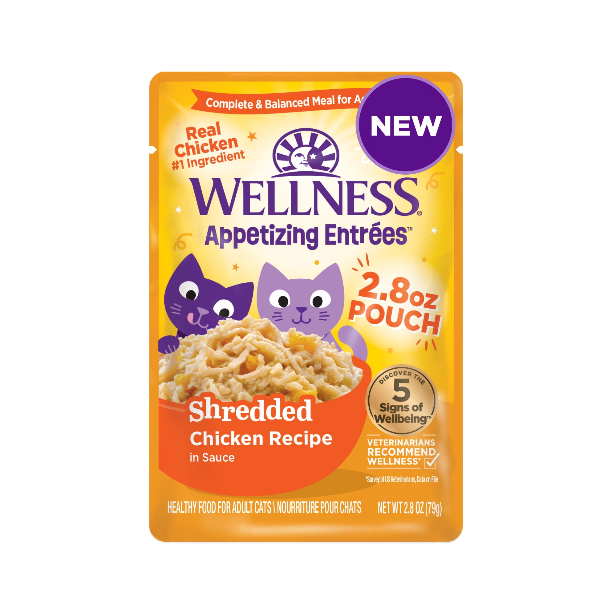 Wellness Appetizing Entrées Shredded Adult Wet Cat Food, Natural, Protein-Rich, Grain Free, 2.8 Ounce Pouch, 8 Pack (Chicken Recipe)