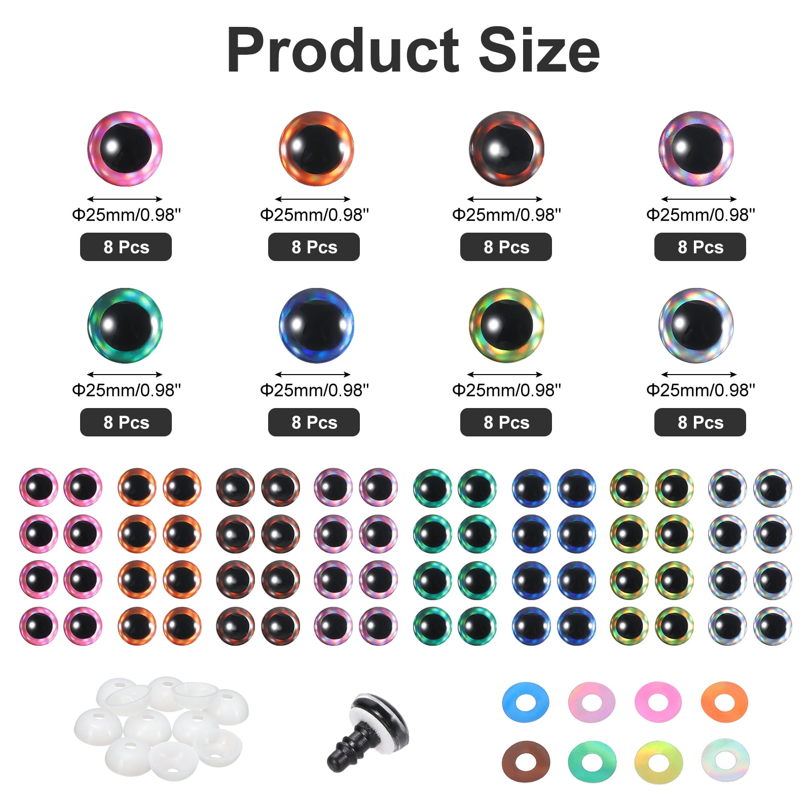 Uxcell 25mm Flash Safety Eyes, 64 Pcs Doll Eyes Realistic Colorful Crocheting Safety Eyes for Decor Crochet Accessories Dolls Craft Halloween, 8 Colors