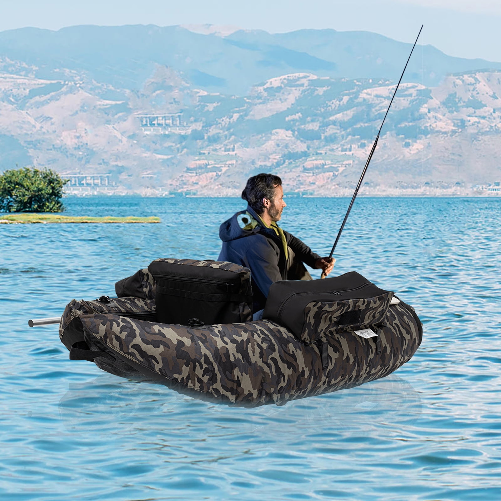 Wildnix Portable Inflatable Fishing Boat with Oar and Fins, Camouflage, 286.6 lbs Load Capacity, Adjustable Backrest, Storage Pockets