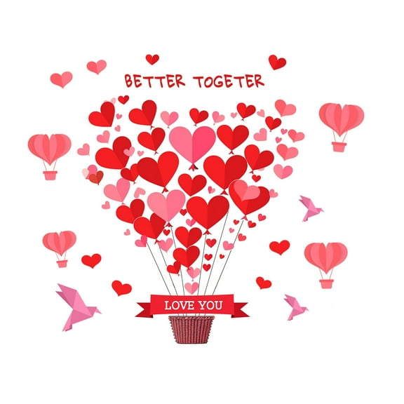 Love Heart Hot Air Balloon Wall Stickers Romantic Decals Vinyl Peel and Stick for Wedding Anniversary Birthday Valentine's Day Living Room Bedroom Wall Art Decor