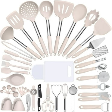 Silicone Cooking Utensil Set, 43 PCS Heat Resistant Kitchen Utensil Gadgets Set-Stainless Steel Handle- Kitchen Spatula Tools for Nonstick Cookware, Pots and Pans Accessories (Khaki)