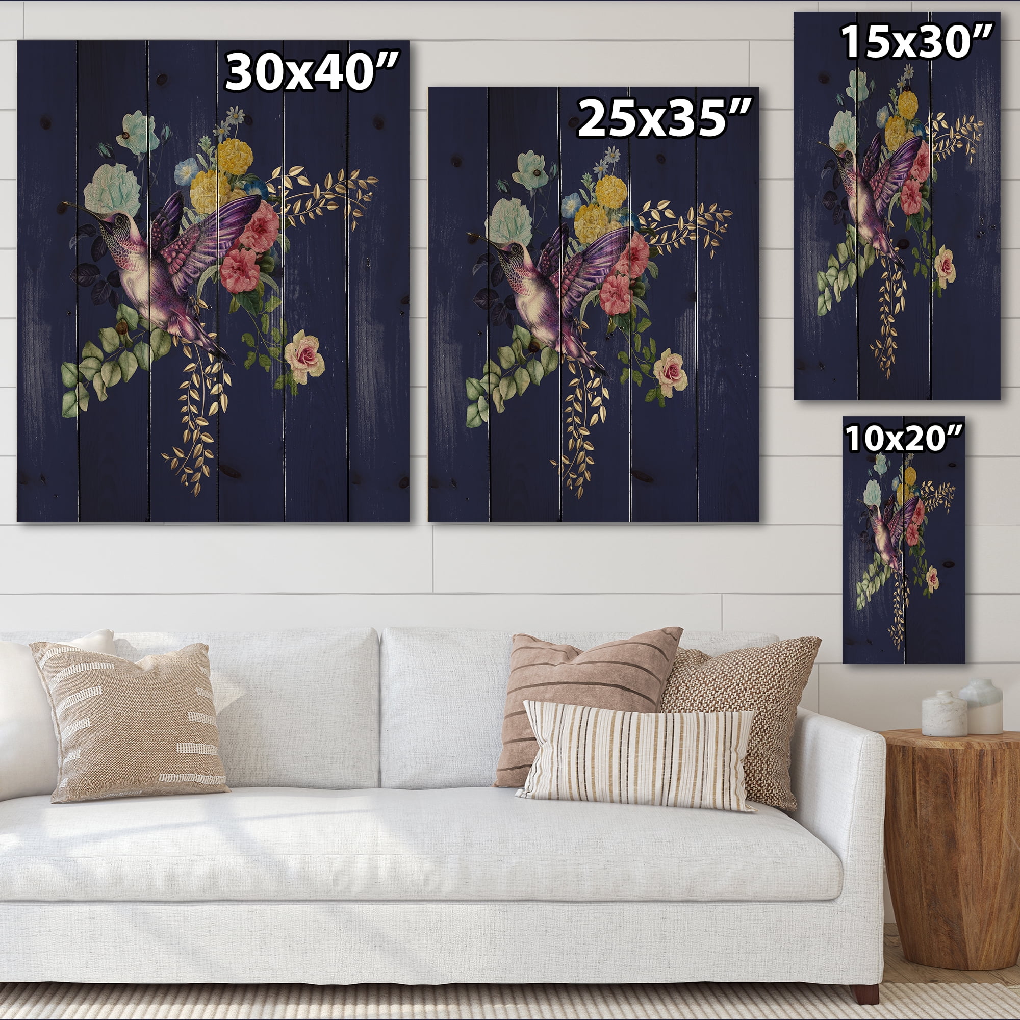 Designart 'Little Bird Sitting On Colourful Bouquet Of Wildflowers I' Traditional Print on Natural Pine Wood