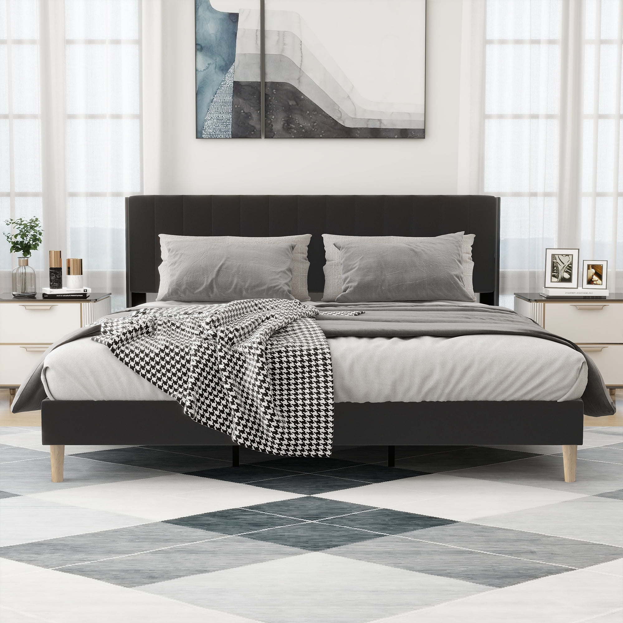 alazyhome King Size Upholstered Platform Bed Frame, Easy Assemble, Black
