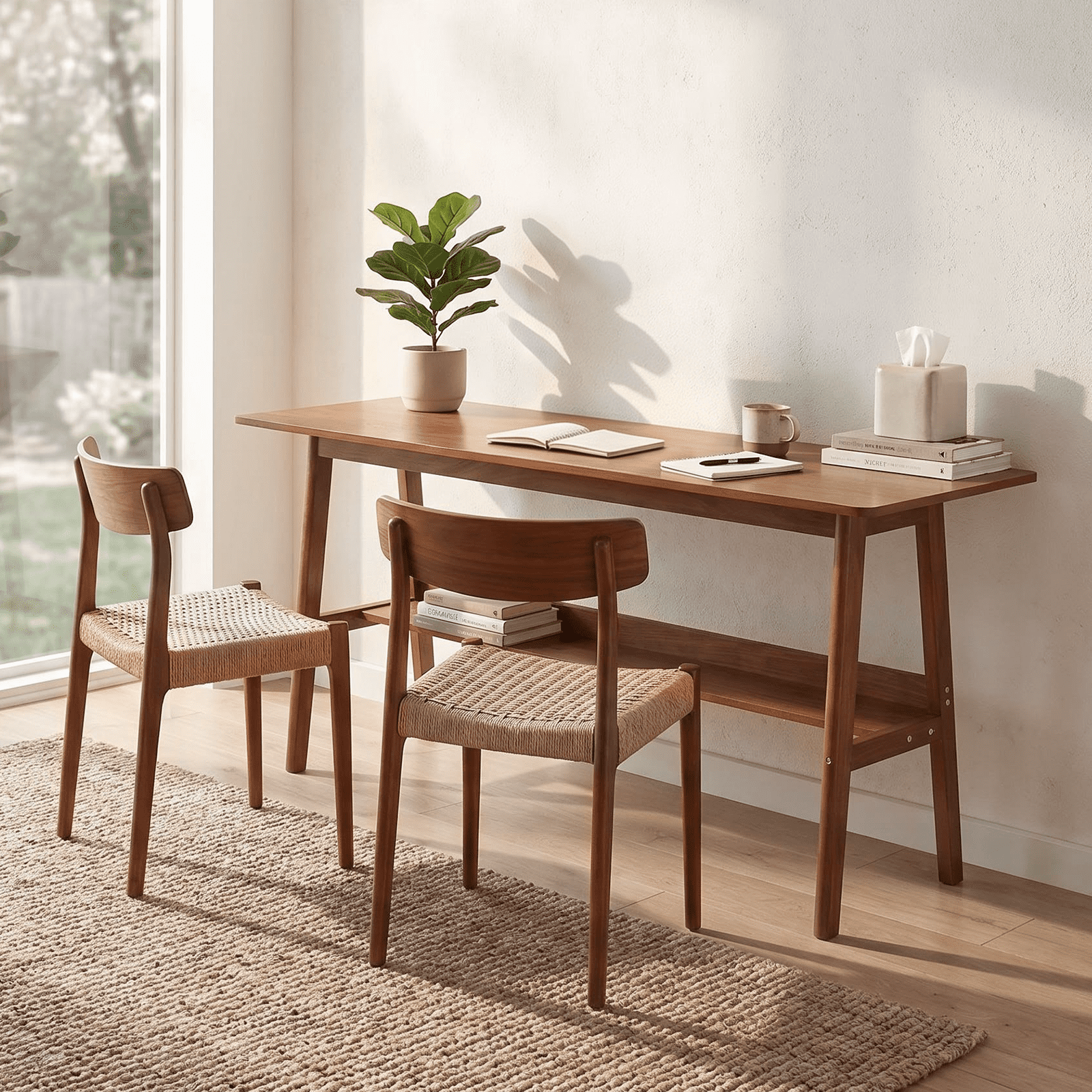63-Inch Extra Long Computer Workstation with Storage Shelf, Modern 2-Person Desk and Writing Table for Home Office and Study, Walnut