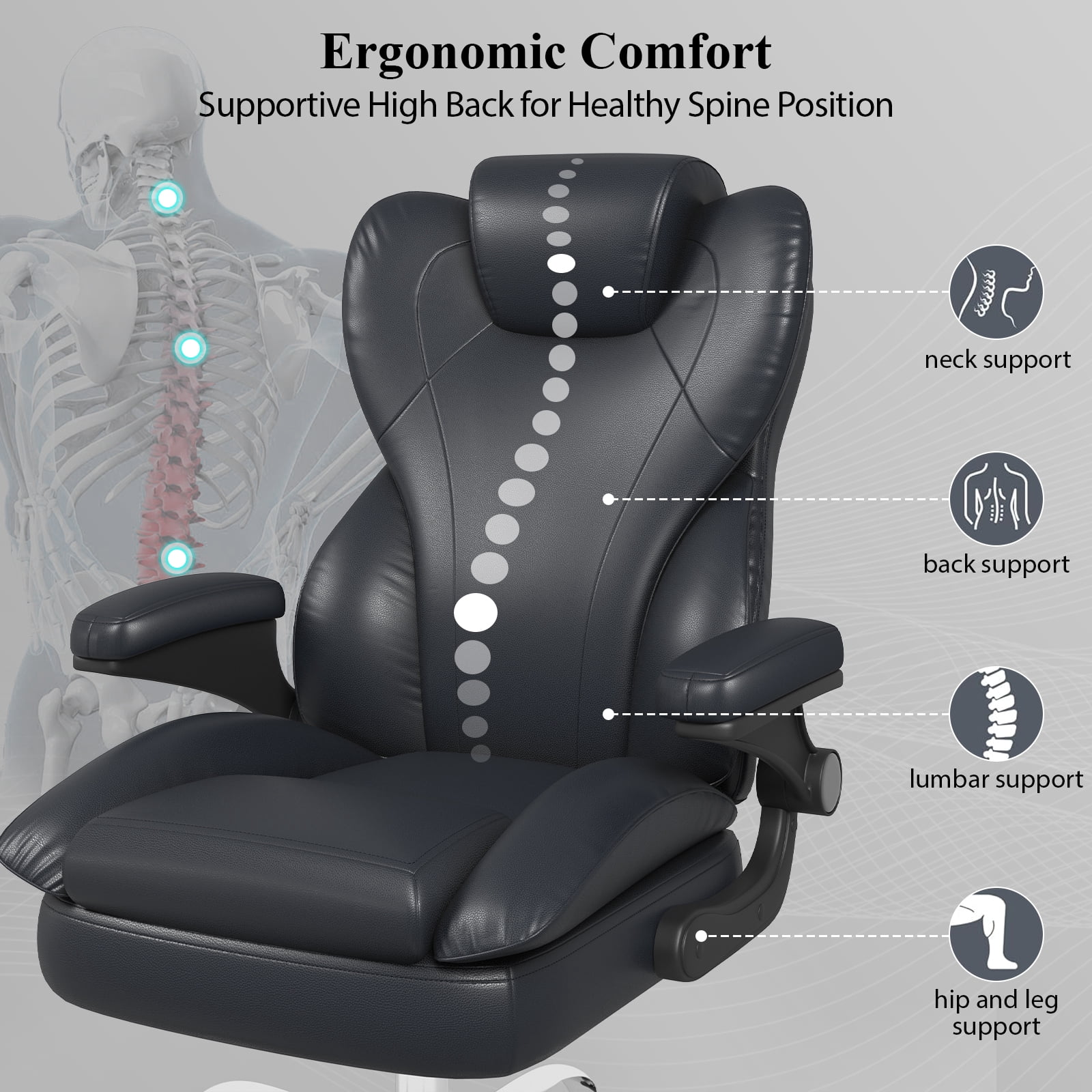 E-motie Home Office Chair with Flip-up Arms, Adjustable High Back Chair, Quiet Nylon Wheels, Black
