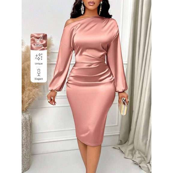 Dusty Pink Asymmetric Off-Shoulder Ruched Satin Bodycon Midi Dress