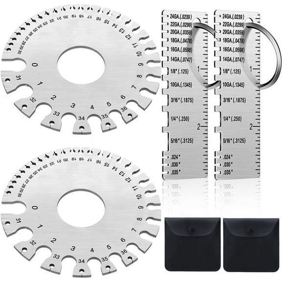 2Set of Metal Sheet Thickness Gauge with Round Dual Sided Wire Gauge Measurement Tool, Stainless Steel Welding Gauge Set