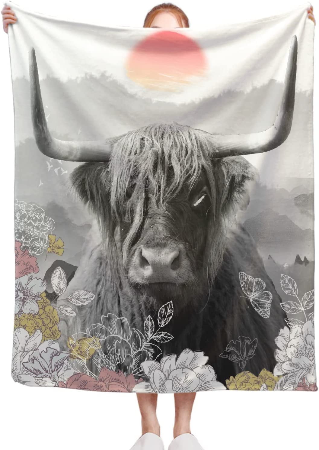 Highland Cow Blanket, Rustic Cattle Flower Soft Throw Blanket,Boho Tribal Bull Wildlife