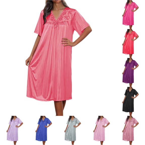 ZHOGXU Summer Dresses For Women Short Sleeve V Neck Solid Color Midi Length Loose Fit Comfortable Nightdress For Home Wear,Watermelon Red,One Size