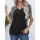 thumbnail image 2 of Camiseta de mujer con estampado de leopardo, camiseta de manga corta con cuello en V, camiseta informal para uso en interiores y exteriores, negro S, 2 of 8