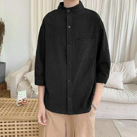 

KDJ Mens Three Quarter Sleeves Blouse Stand-up Collar Button Down Shirts Beach Tops