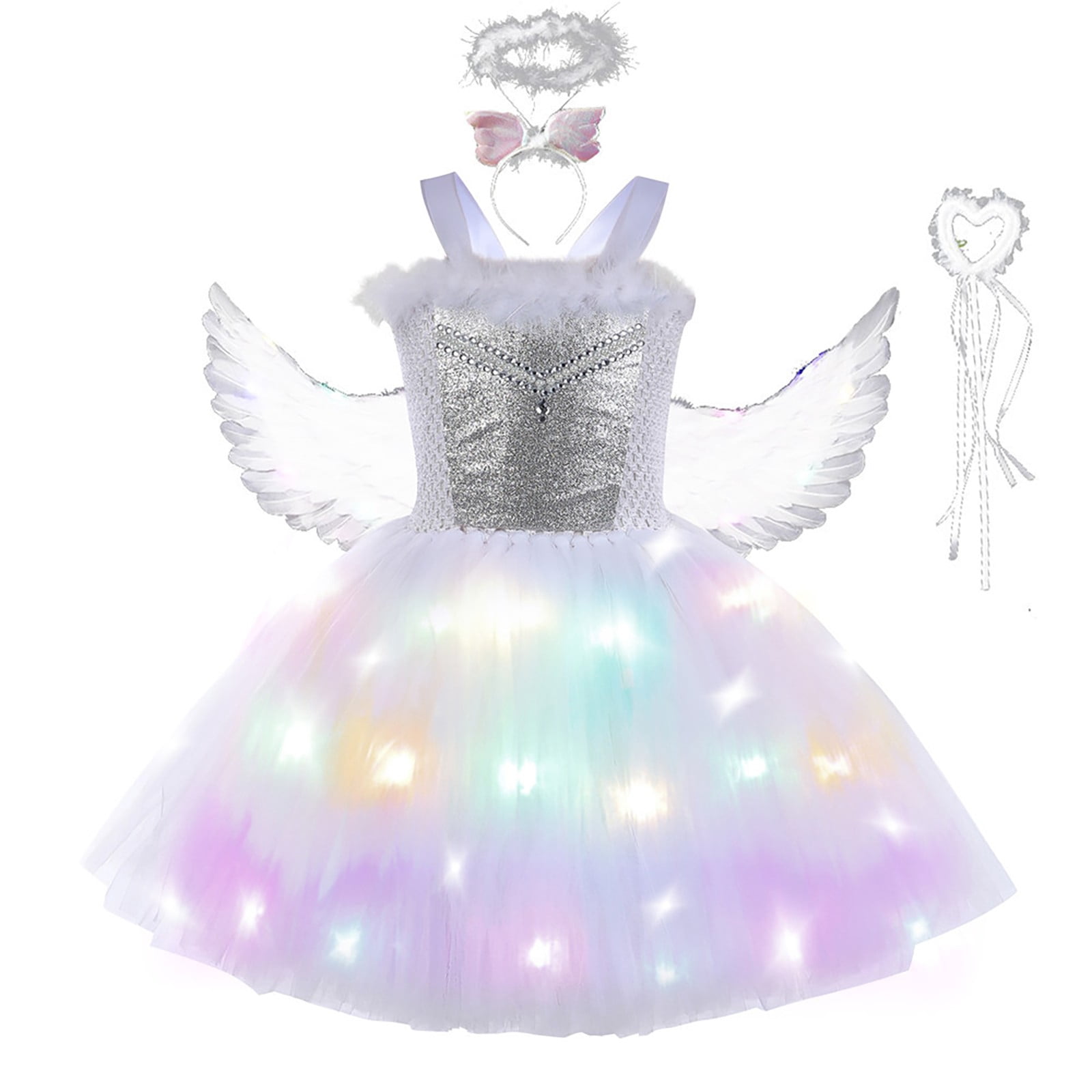 Mercatoo Kids Girls 𝐕alentine's Day Princess Dress Light Up Tutus LED Lights Stage Show 𝐂ostume with Wing Set Birthday Dress