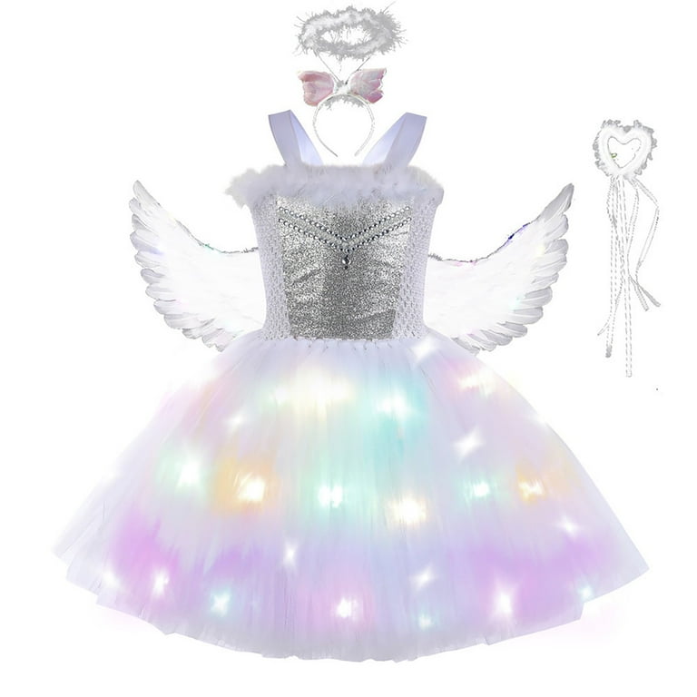 Xqylos Kids Girls Valentine Angel Dress, White Luminous Princess Stage Dress, Glitter Tulle Party Outfit for Christmas Easter Photoshoot Special