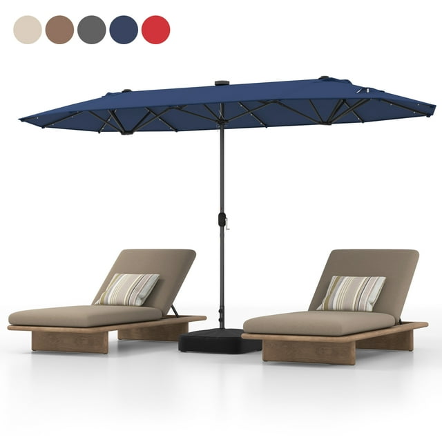 Patiojoy 13 FT Patio Umbrella Double-Sided Market Umbrella with 36 Solar-Powered LED Lights Cross Base Included Navy